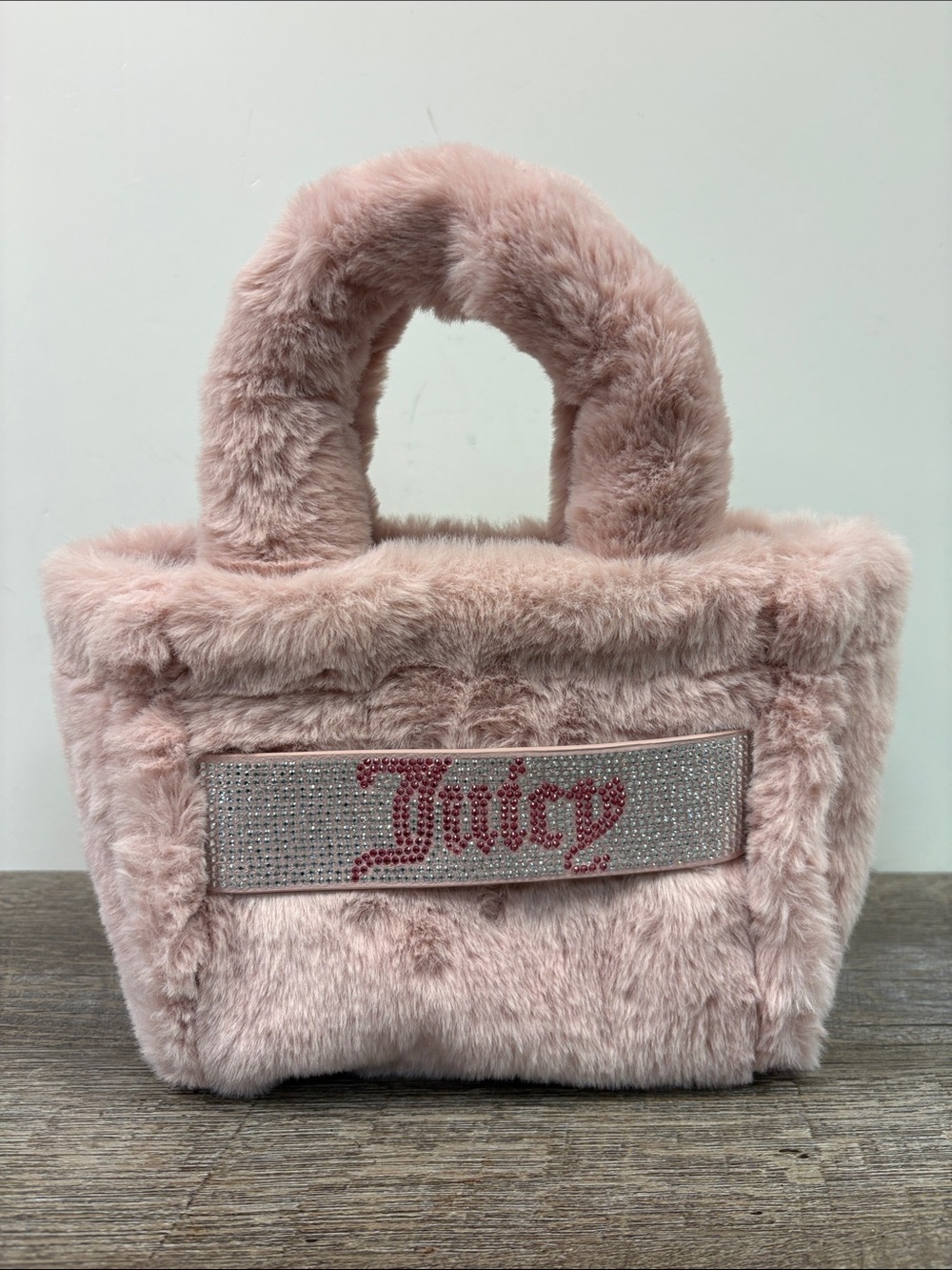 Juicy Couture Pink Faux Fur Mini Tote Rhinestone Juicy Logo Top Handle Bag